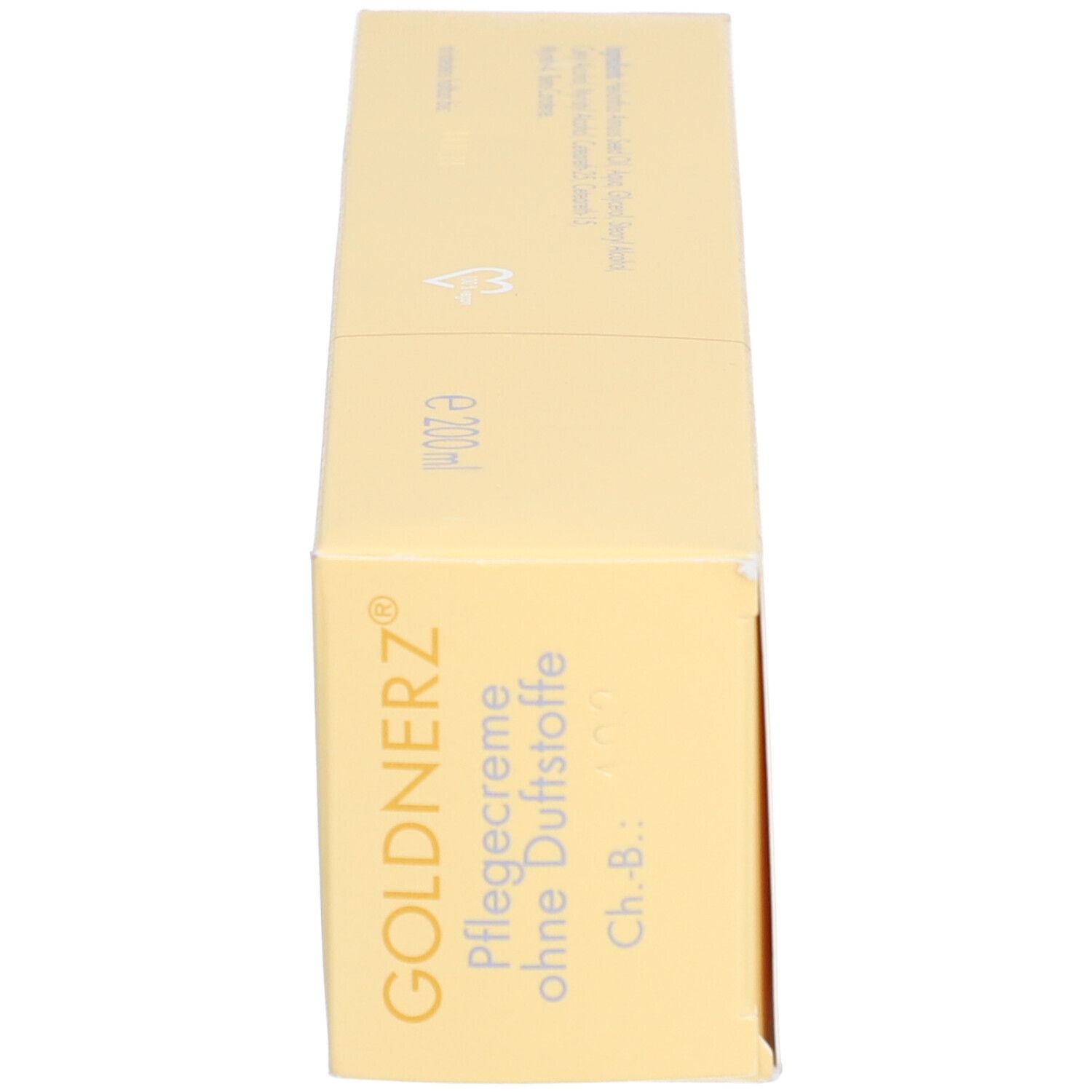 Doos van bovenaf. Opdruk: GOLDNERZ, Pflegecreme ohne Duftstoffe, e 200 ml. Chargenummer.