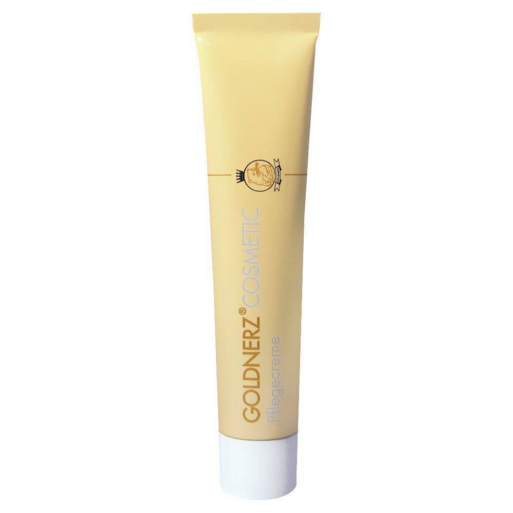 Goudkleurige crèmetube met witte dop. Opschrift: GOLDNERZ® COSMETIC Pflegecreme.