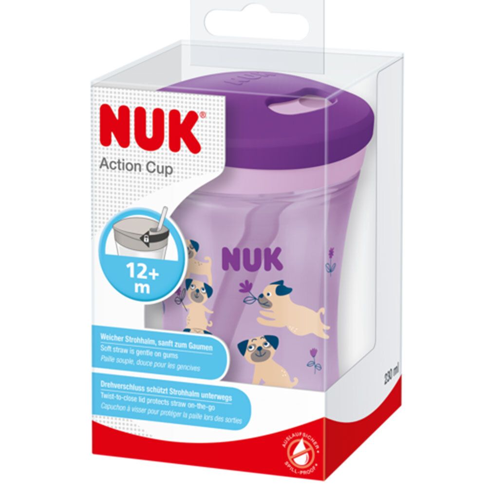 Gobelet NUK Action avec paille, violet. En emballage. Avec crochet de suspension. Motifs chiens. Âge: 12+ m.