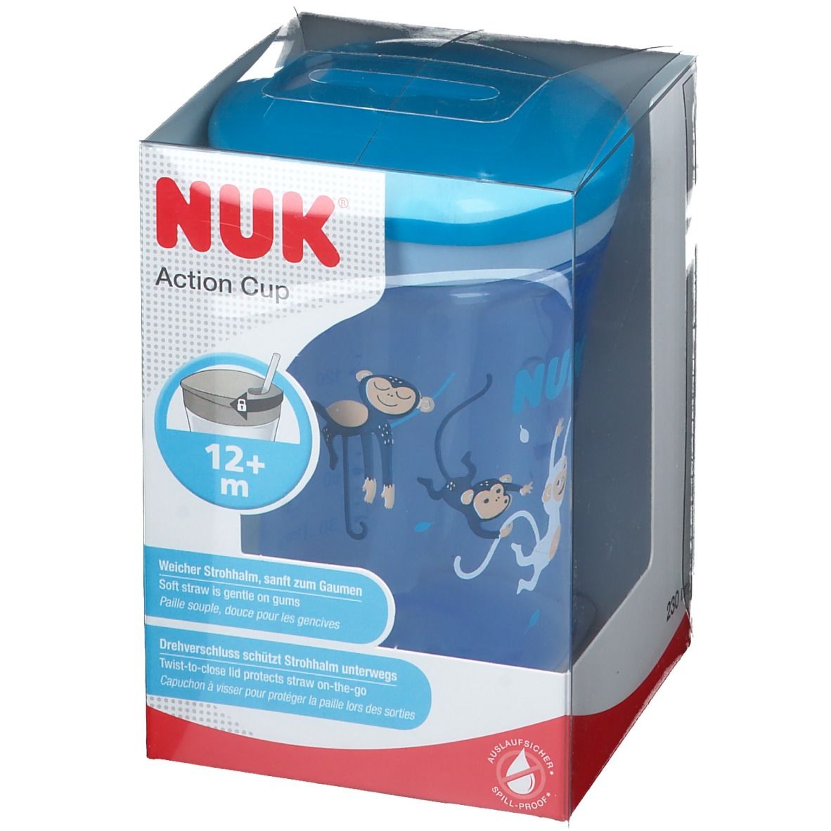 Gobelet NUK Action, bleu, en emballage. Vue oblique de face. Motifs singes. Âge: 12+ m.