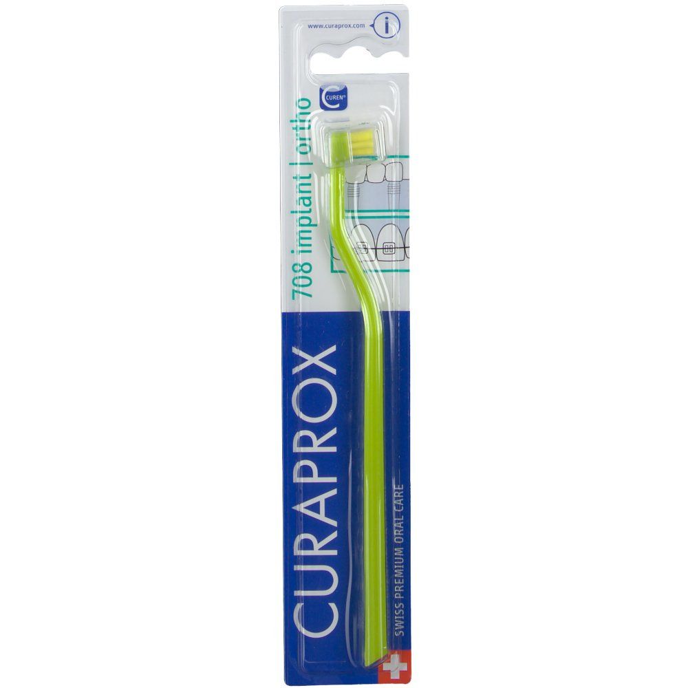 Brosse à dents Curaprox® CS 708 Implant Ortho, verte. Emballage avec nom et logo du produit. Croix suisse.