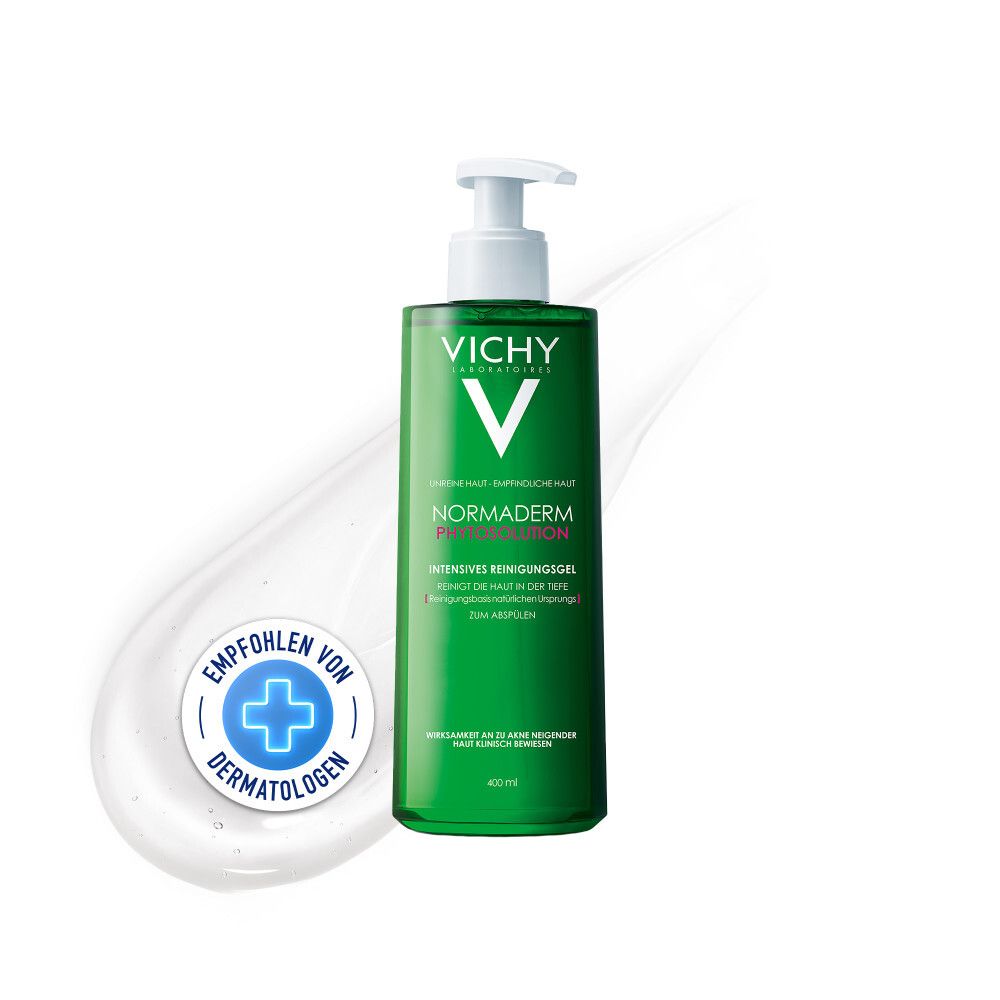 Flacon vert Vichy Normaderm avec pompe. Contient 400 ml. Recommandé par les dermatologues.