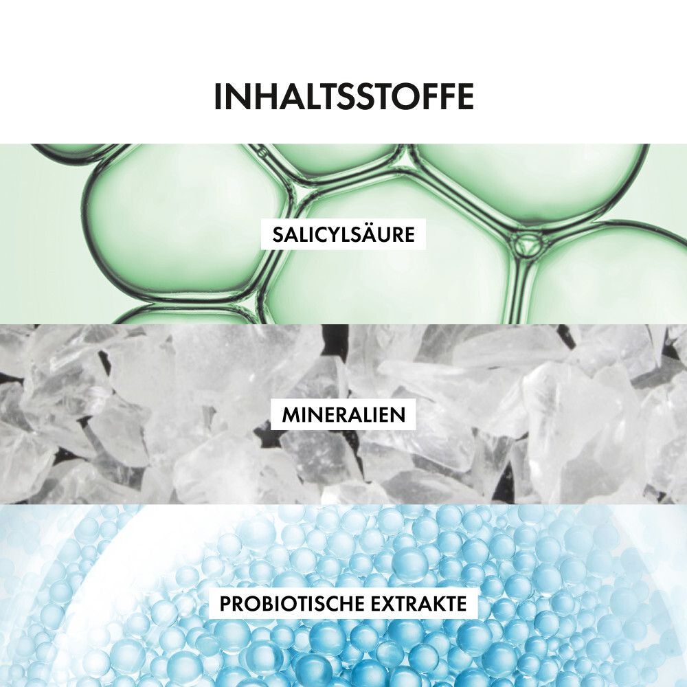 Graphique montrant l'acide salicylique, les minéraux et les extraits probiotiques dans des représentations abstraites.