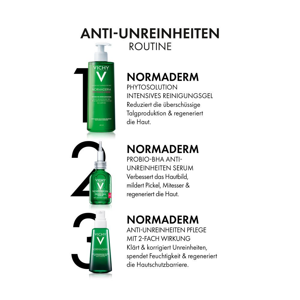 Routine Vichy Normaderm : Gel nettoyant, sérum et soin.