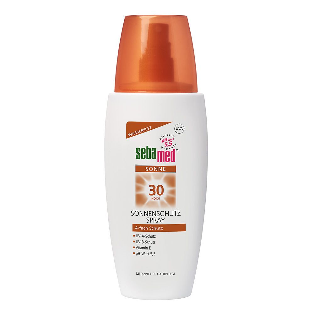 Sebamed Spray Protection Solaire SPF 30, flacon blanc avec tête de pulvérisation orange.