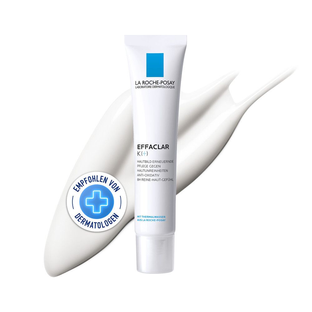 Witte tube met blauw logo en tekst EFFACLAR K (+). Product ernaast aangebracht.