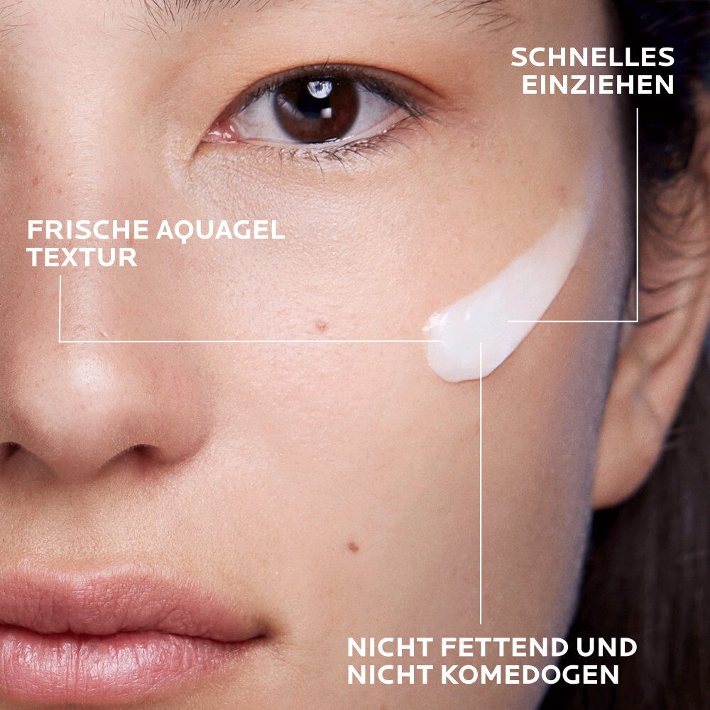 Gezicht met aangebrachte crème. Tekst: Frisse aquagel textuur, trekt snel in.