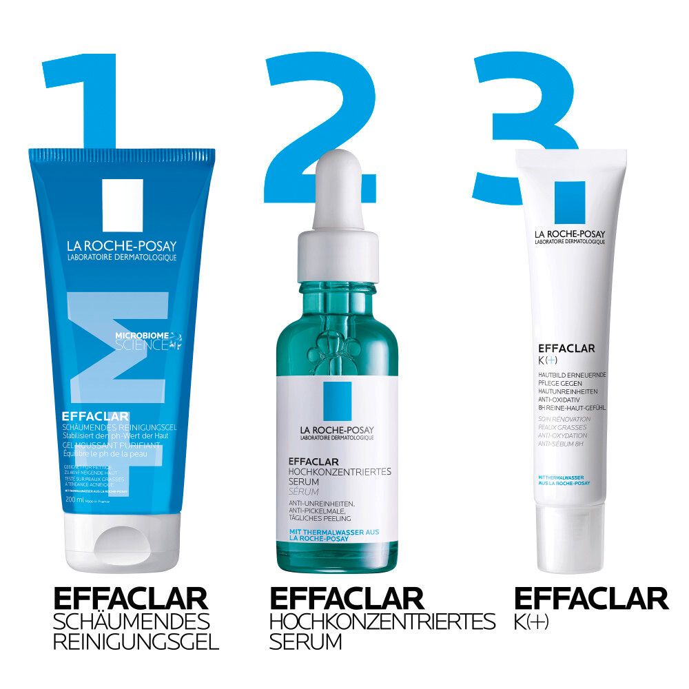 Drie producten: Reinigingsgel, serum en crème. Allemaal met logo en tekst EFFACLAR.