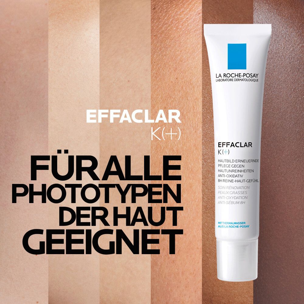 Tube met tekst EFFACLAR K (+). Geschikt voor alle huidtypen. Verschillende huidskleuren.