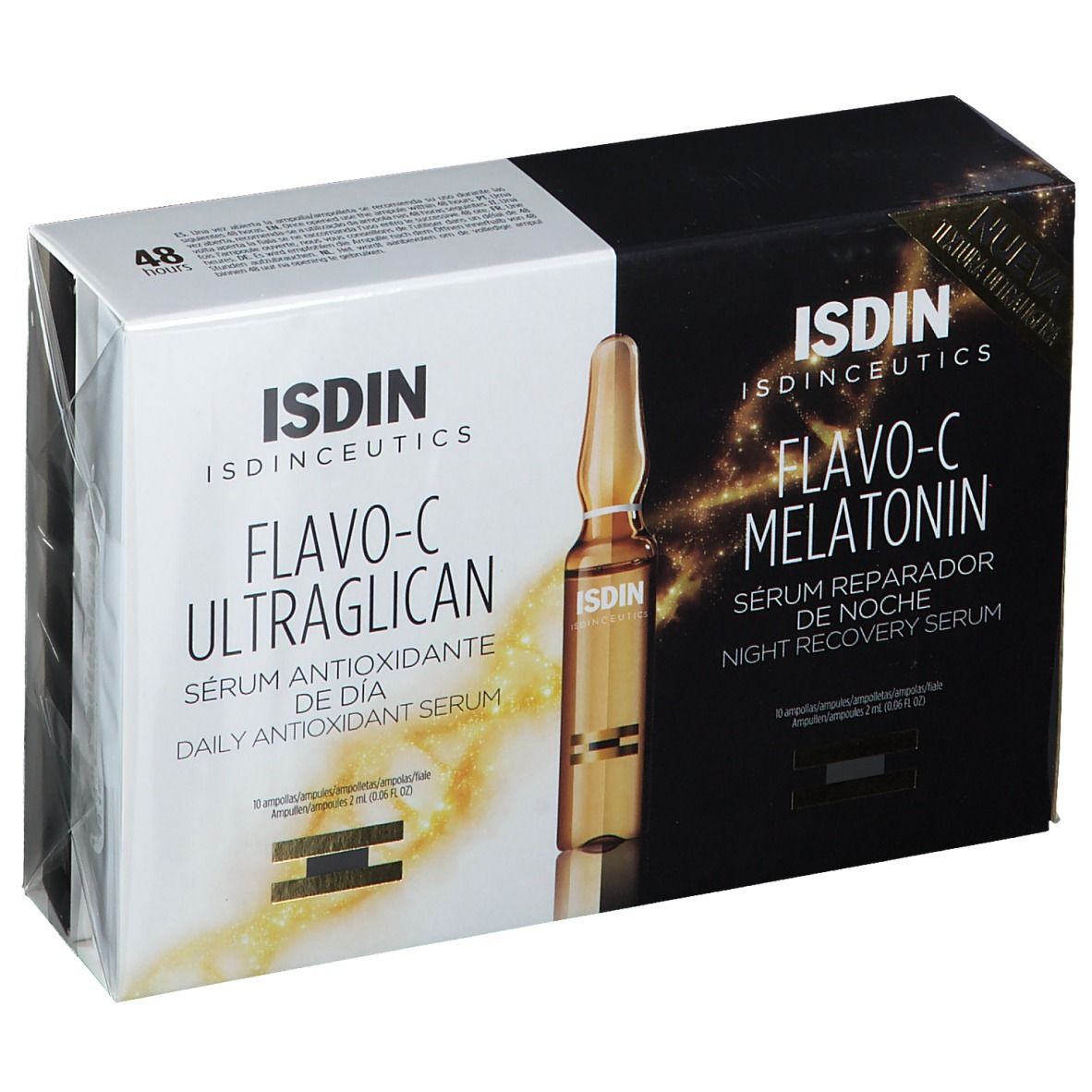 Emballage avec deux boîtes de produits. Inscription: ISDIN ISDINCEUTICS Flavo-C Ultraglican, sérum antioxydant de jour. Ampoule visible.