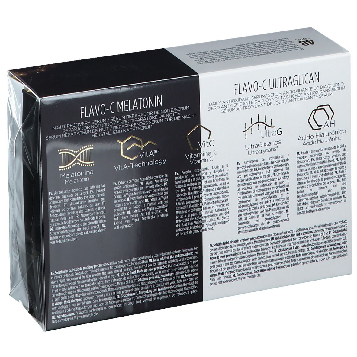 Dos de l'emballage avec informations sur le produit. Inscription: Flavo-C Melatonin, sérum réparateur de nuit. Flavo-C Ultraglican, sérum antioxydant.