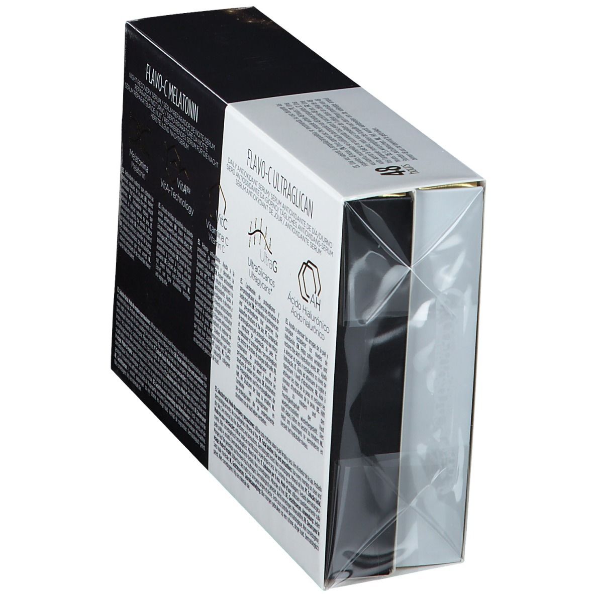Emballage avec deux boîtes de produits, partiellement emballé de manière transparente. Inscription: Flavo-C Melatonin, sérum réparateur de nuit. Flavo-C Ultraglican.