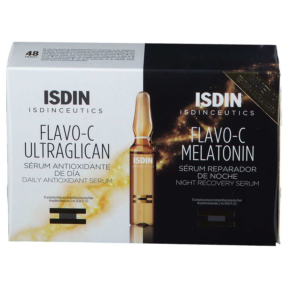 Emballage avec deux boîtes de produits. Inscription: ISDIN ISDINCEUTICS Flavo-C Ultraglican, sérum antioxydant de jour. Ampoule visible. Flavo-C Melatonin.
