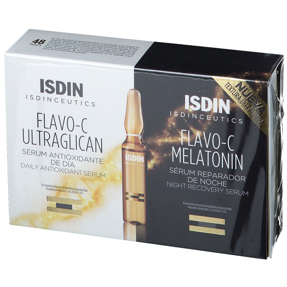 Emballage avec deux boîtes de produits. Inscription: ISDIN ISDINCEUTICS Flavo-C Ultraglican, sérum antioxydant de jour. Flavo-C Melatonin. Nouvelle texture Ultra.
