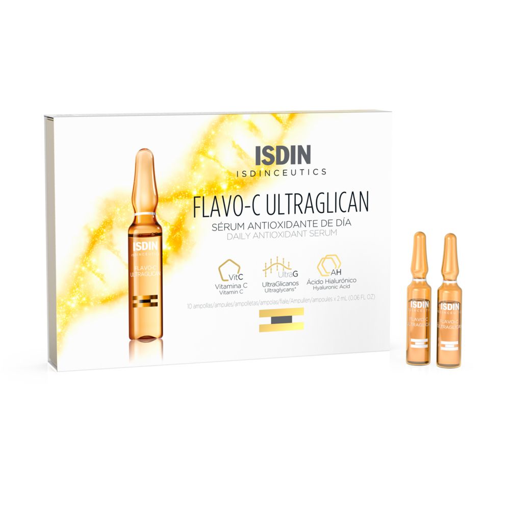 Verpakking met ampullen. ISDINCEUTICS Flavo-C Ultraglican Serum. 10 ampullen, 2 ml.