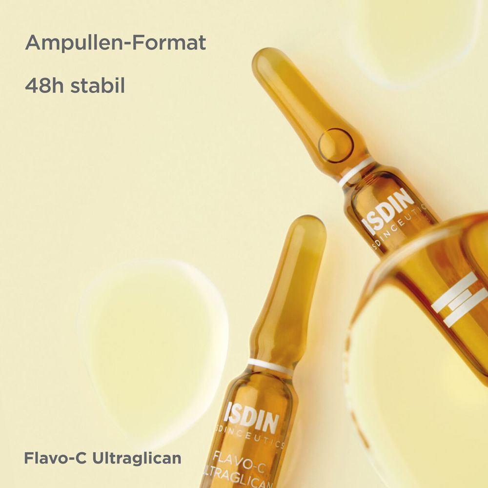 Twee ampullen. Ampulformaat. 48 uur stabiel. ISDINCEUTICS Flavo-C Ultraglican.