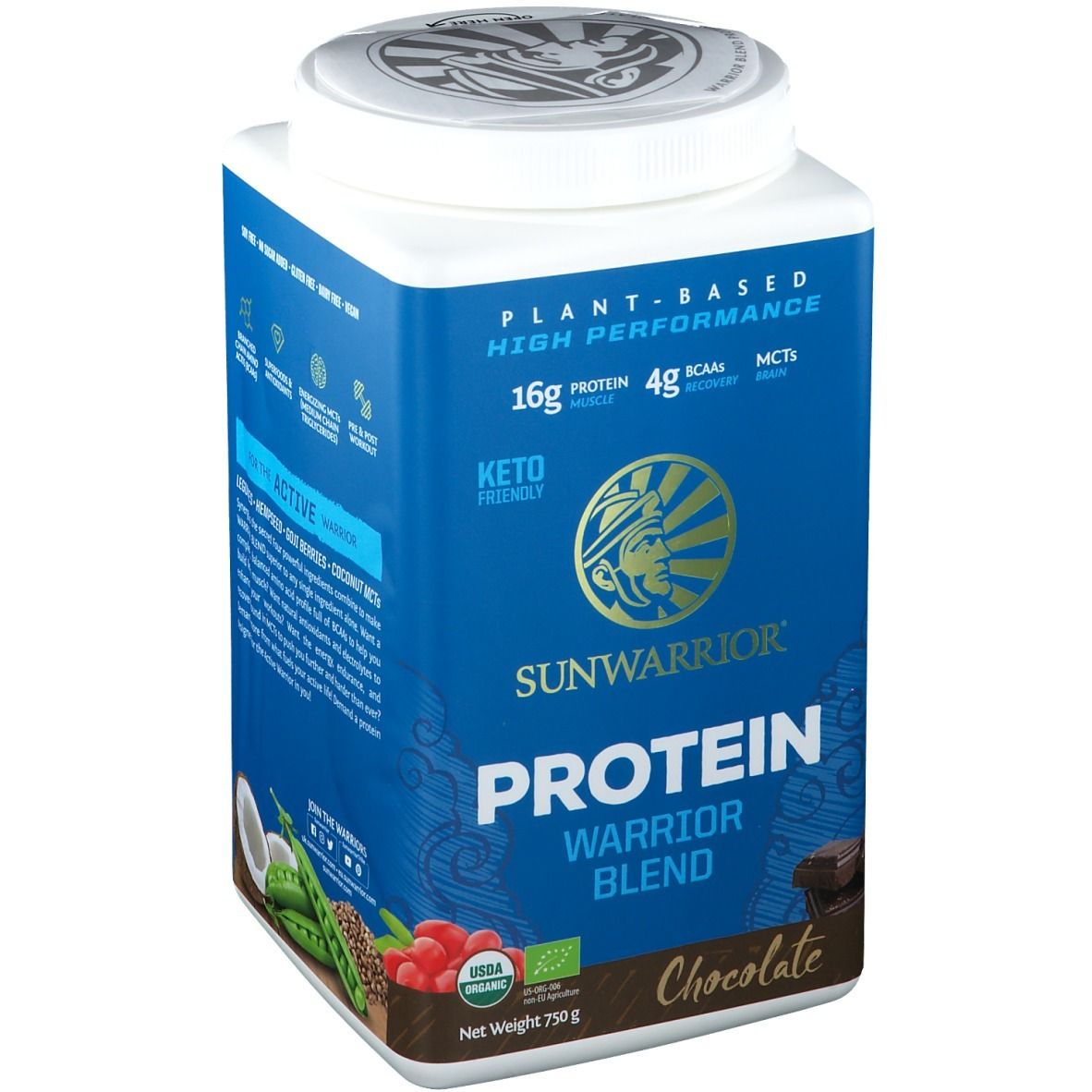 Boîte bleue SUNWARRIOR Protein Warrior Blend Chocolate. Contient 16g protéines, 4g BCAA. Keto friendly. Label bio. 750g.