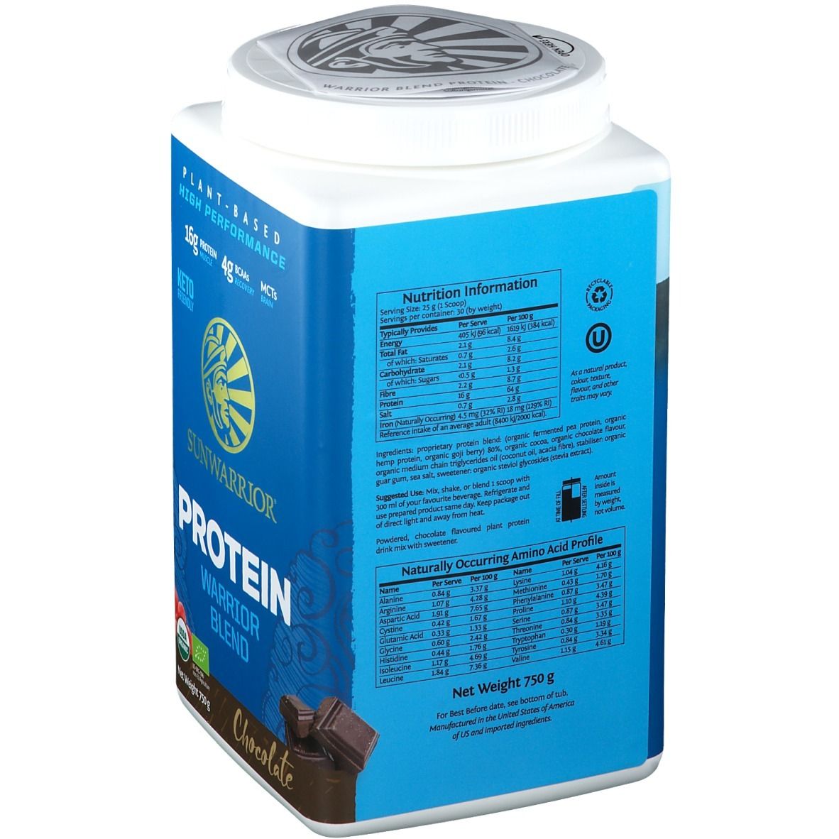 Dos de la boîte bleue SUNWARRIOR Protein Warrior Blend Chocolate. Contient informations nutritionnelles et profil acides aminés. 750g.
