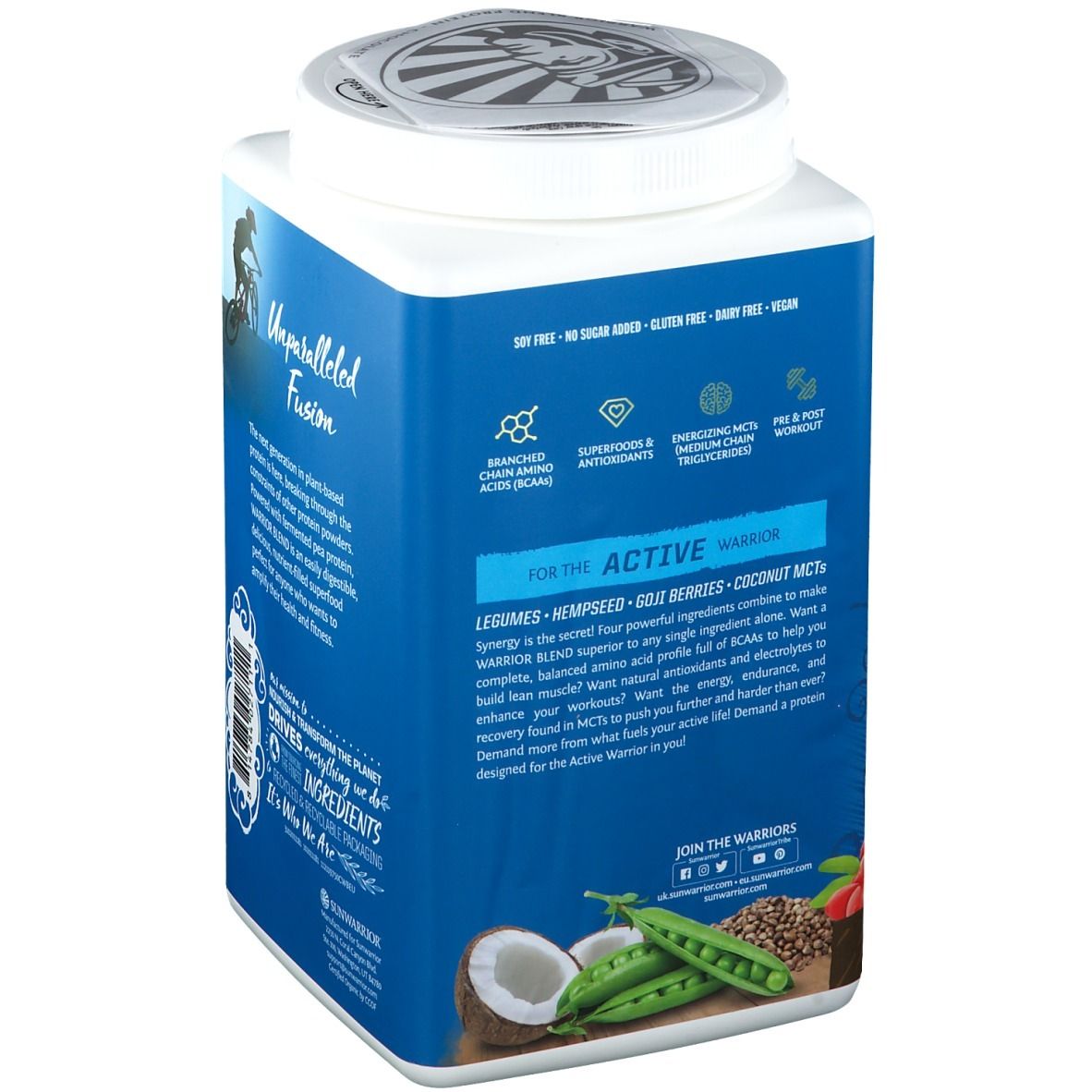 Dos boîte bleue SUNWARRIOR Protein Warrior Blend Chocolate. Infos ingrédients, dont légumineuses, MCTs.
