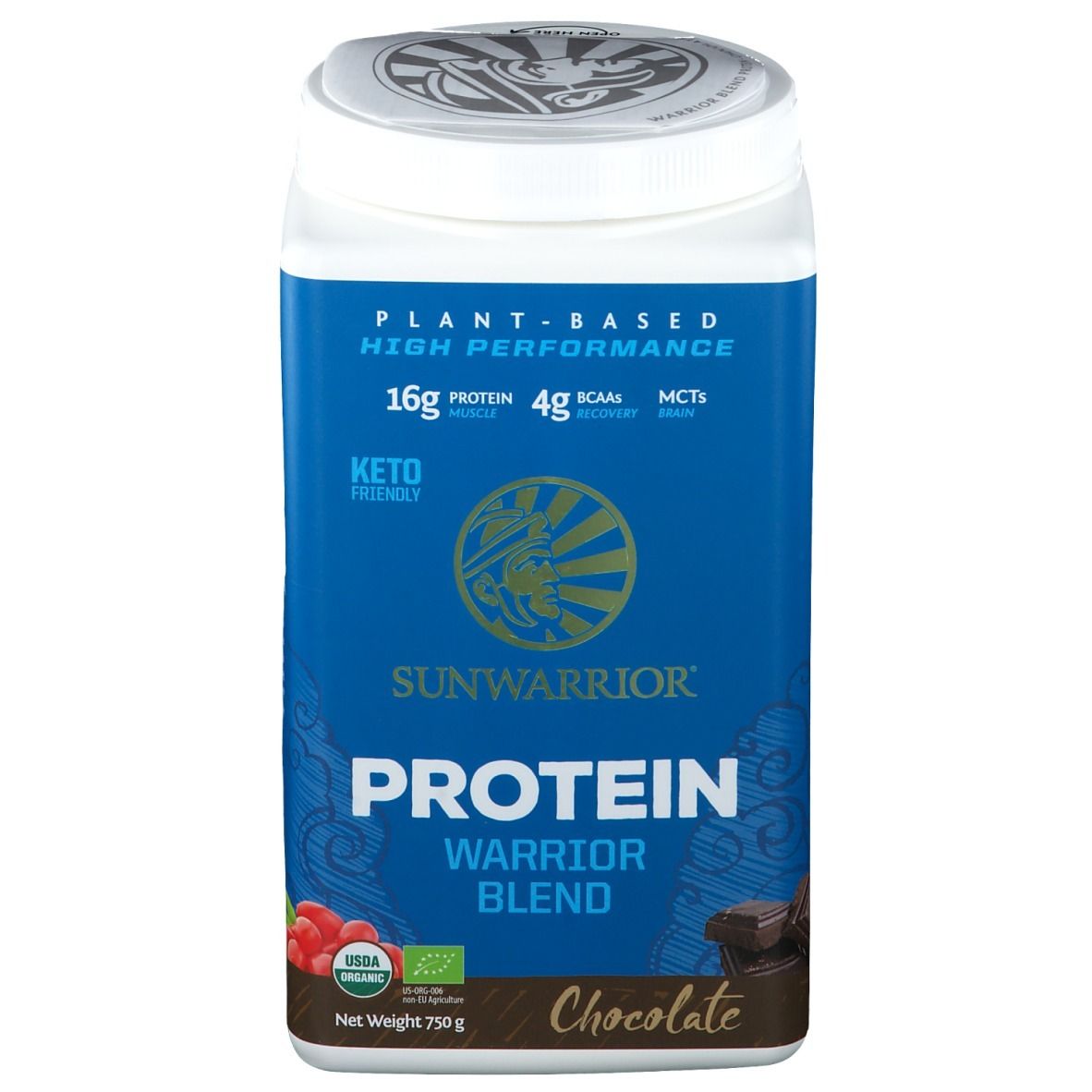 Boîte bleue SUNWARRIOR Protein Warrior Blend Chocolate. 16g protéines, 4g BCAA. Keto friendly. Label bio. 750g.