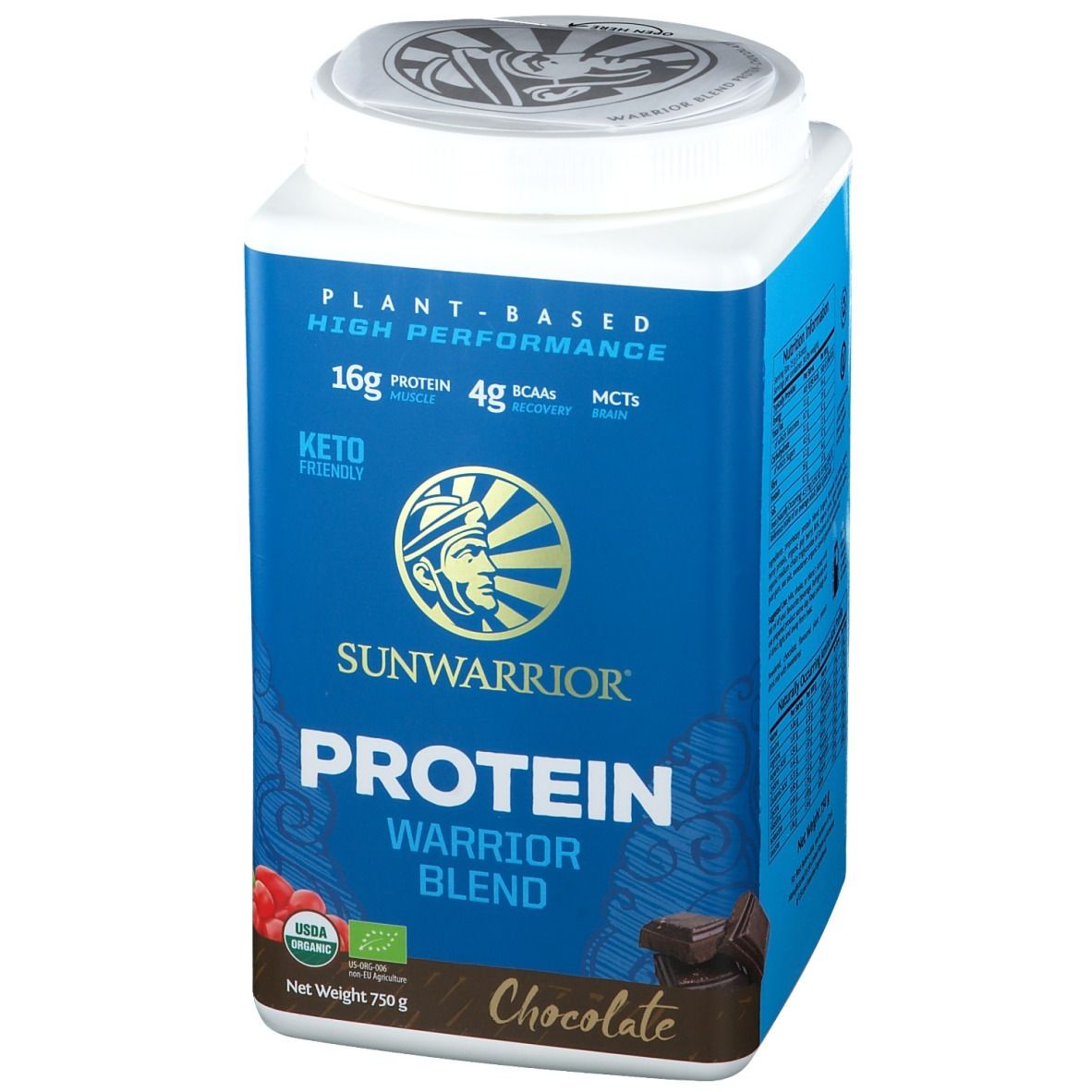 Boîte bleue SUNWARRIOR Protein Warrior Blend Chocolate. 16g protéines, 4g BCAA. Keto friendly. Label bio. 750g.