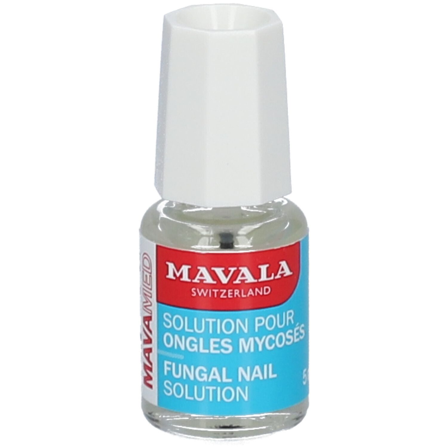 Kleine glazen fles met witte dop. Opschrift: MAVALA, Fungal Nail Solution. Blauwe en rode etiketten.