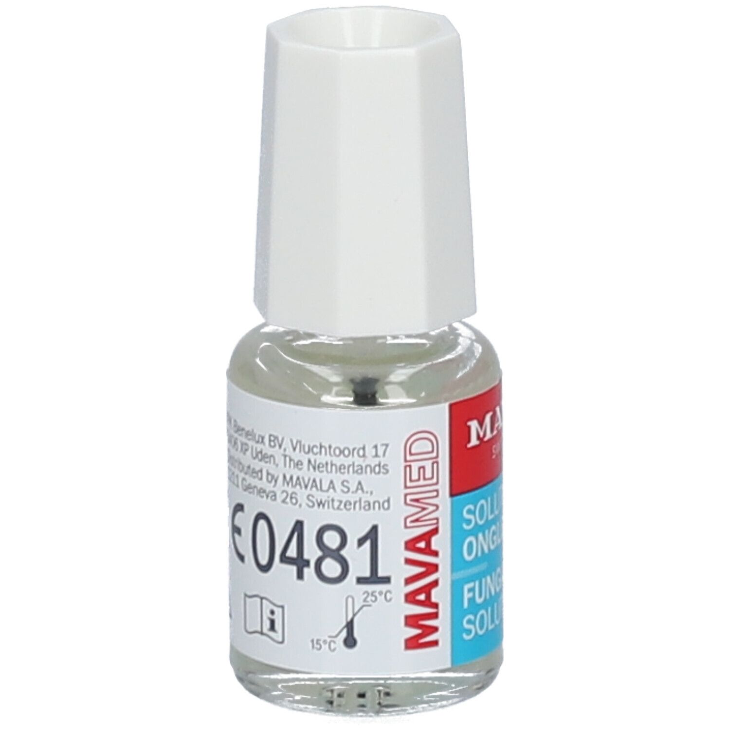 Kleine glazen fles met witte dop. Opschrift: MAVALA, Fungal Nail Solution. Met CE-markering.