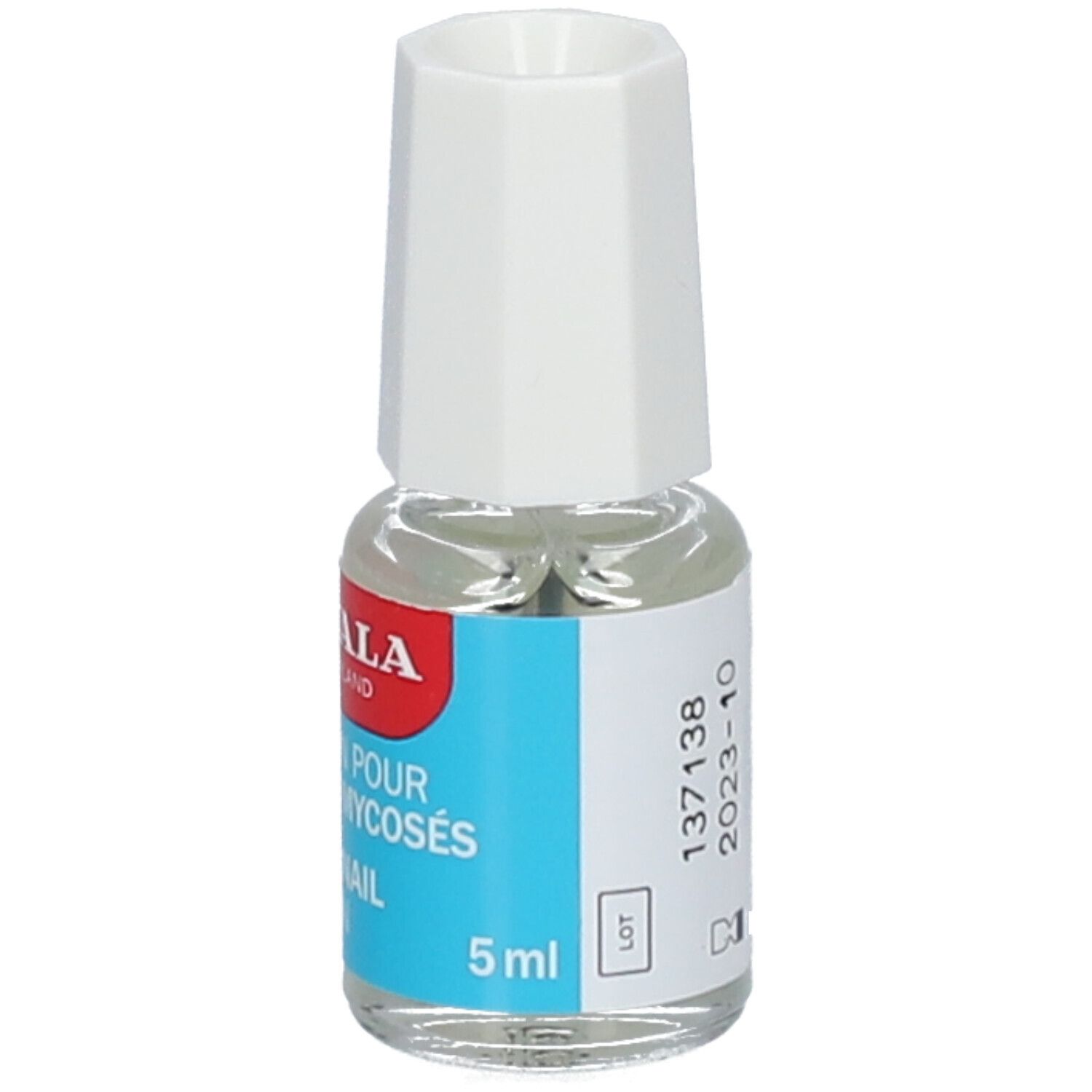 Kleine glazen fles met witte dop. Opschrift: MAVALA, Fungal Nail Solution. Met 5 ml indicatie.