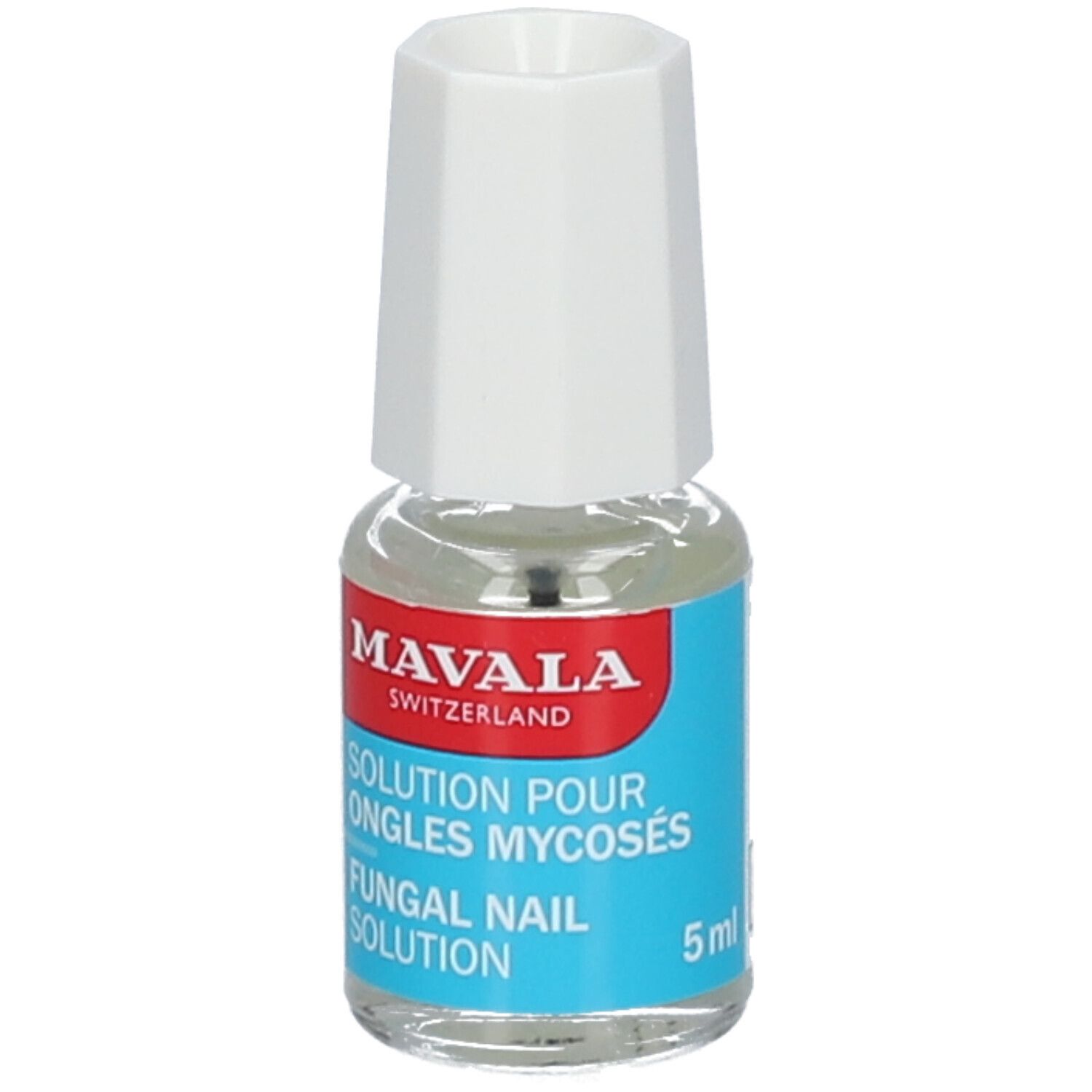 Kleine glazen fles met witte dop. Opschrift: MAVALA, Fungal Nail Solution. Met 5 ml indicatie.