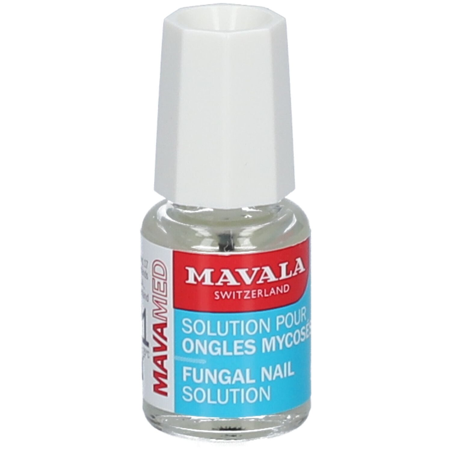 Kleine glazen fles met witte dop. Opschrift: MAVALA, Fungal Nail Solution. Met MAVAMED logo.