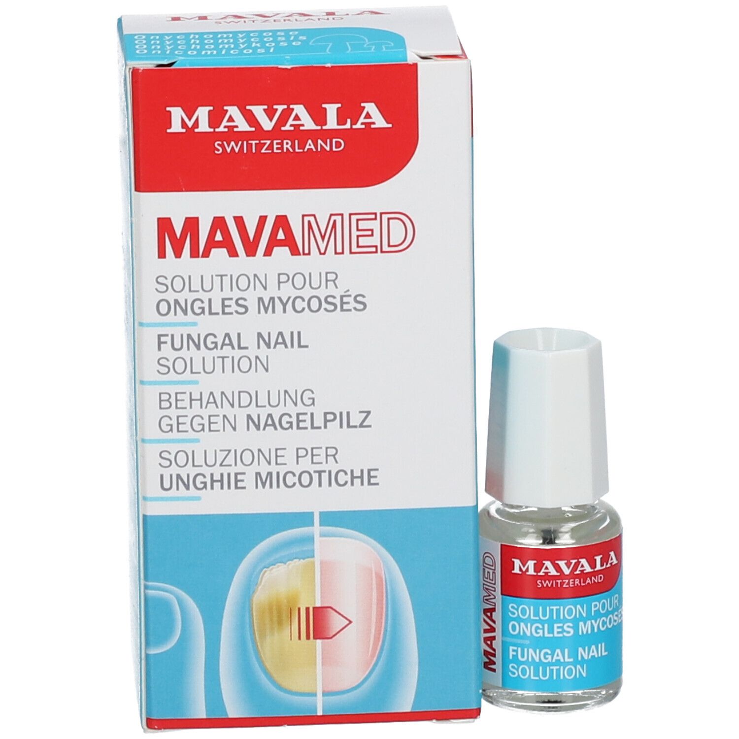 Productverpakking en fles. Opschrift: MAVAMED, Fungal Nail Solution. Met afbeelding van een nagel.
