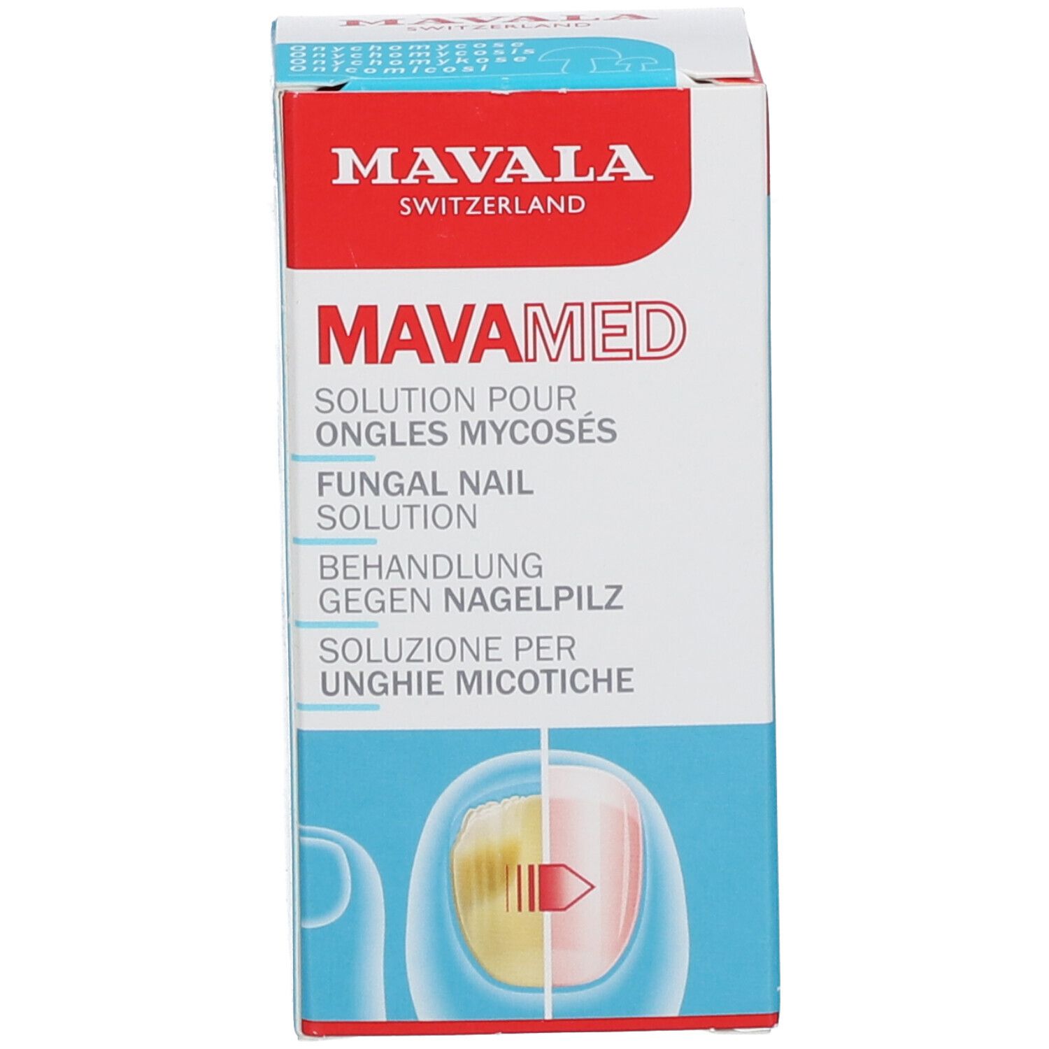 Productverpakking. Opschrift: MAVAMED, Fungal Nail Solution. Met afbeelding van een nagel.