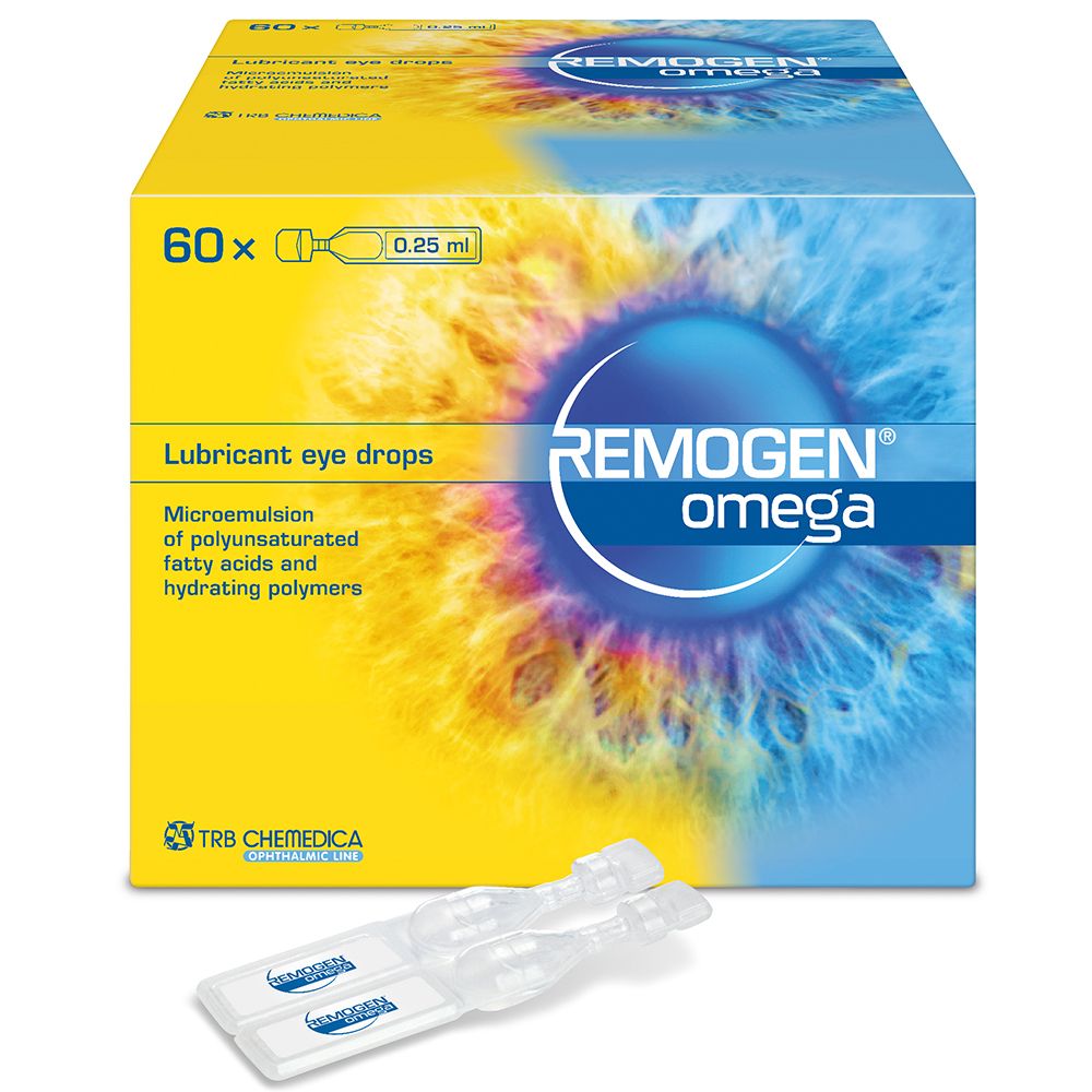 Doos REMOGEN® omega. 60 enkelvoudige doses, 0,25 ml. Oogbevochtiging. Bevat meervoudig onverzadigde vetzuren en hydraterende polymeren.