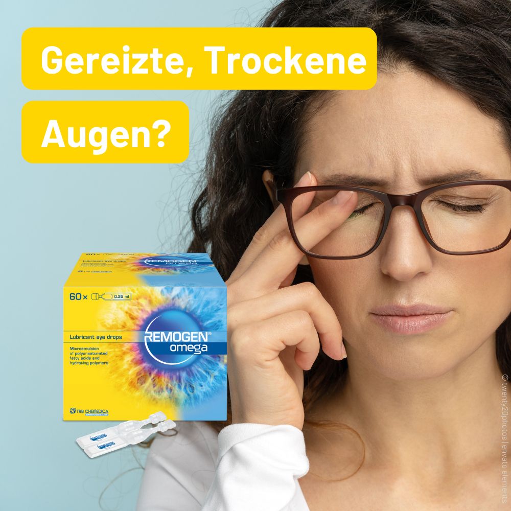 Vrouw met bril wrijft in haar oog. Doos REMOGEN® omega op de achtergrond. Tekst: Geïrriteerde, droge ogen?