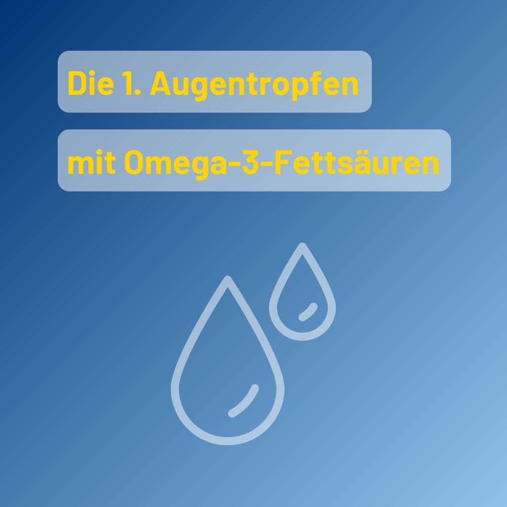 Twee druppels. Tekst: De 1e oogdruppels met omega-3-vetzuren.