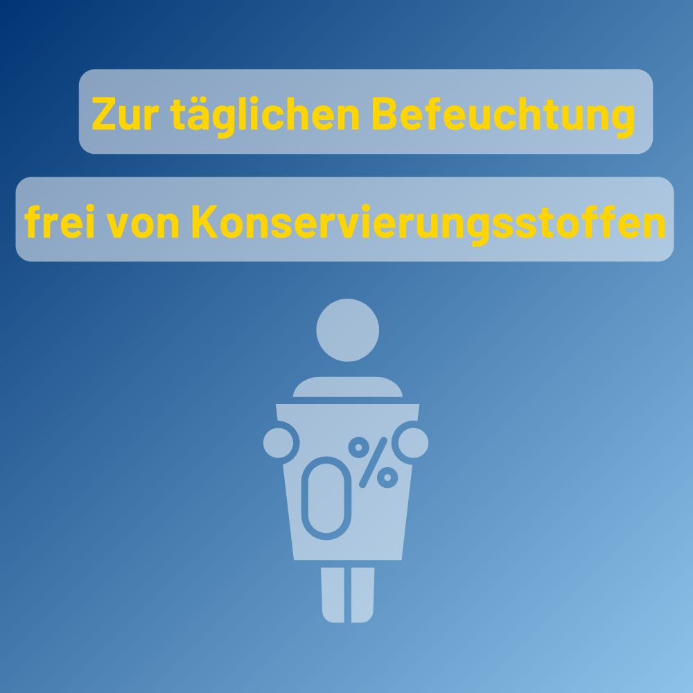 Persoon met container. Tekst: Voor dagelijkse bevochtiging, zonder conserveringsmiddelen.
