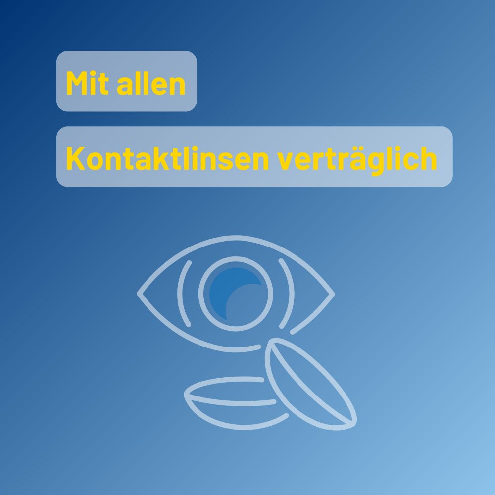 Oog en contactlenzen. Tekst: Compatibel met alle contactlenzen.