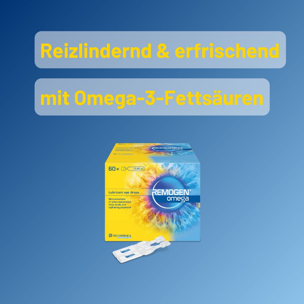 Doos REMOGEN® omega en enkelvoudige doses. Tekst: Verzachtend & verfrissend met omega-3-vetzuren.