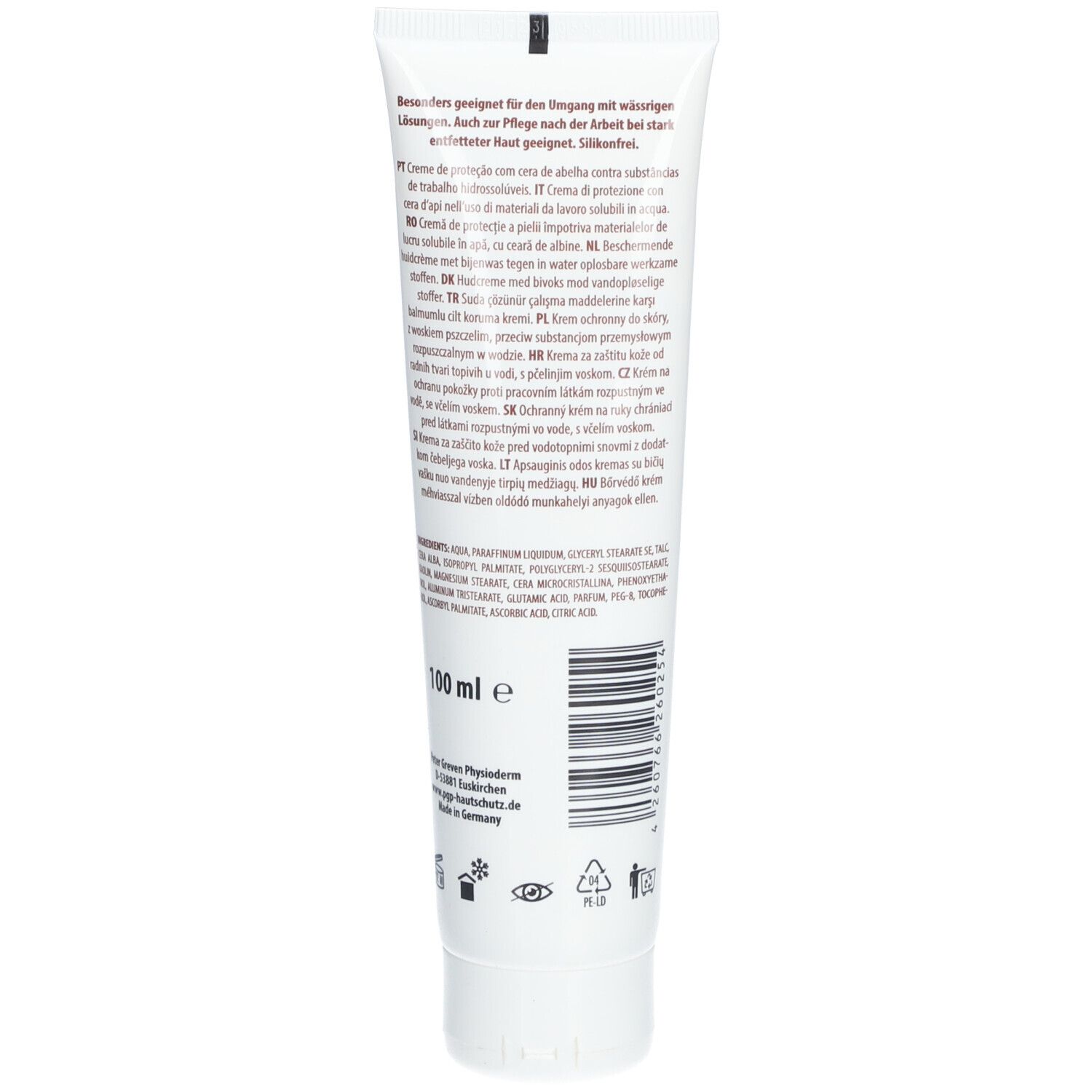 Dos du tube Lindesa F Professional. Texte multilingue. Contient 100 ml. Liste des ingrédients.