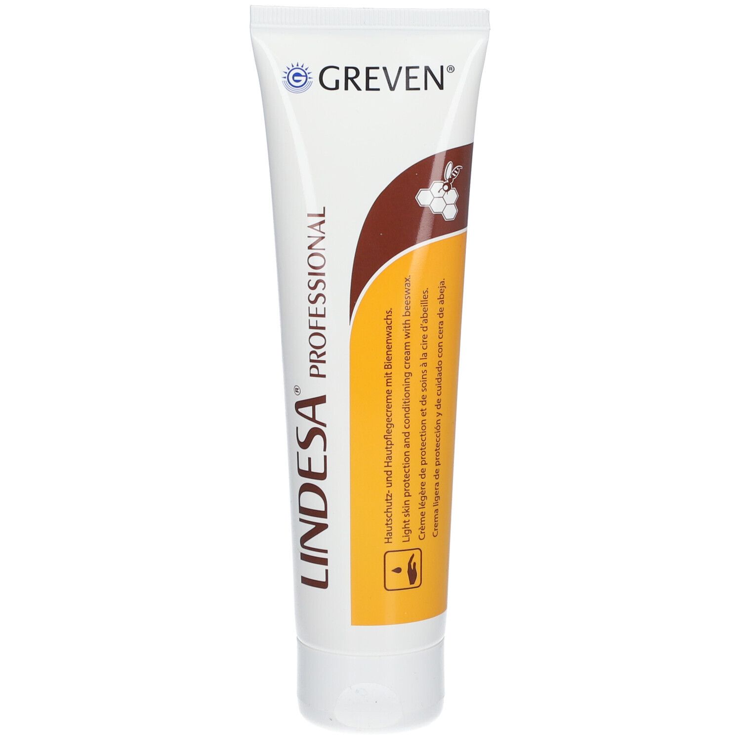 Tube de crème avec nom du produit et symbole de cire d'abeille. Accent jaune-brun. Logo Greven.