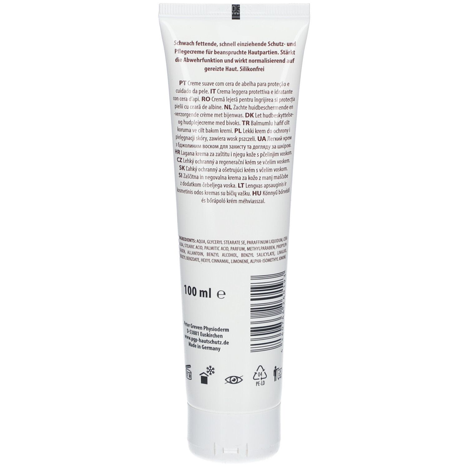 Dos du tube de crème avec texte multilingue. 100 ml.