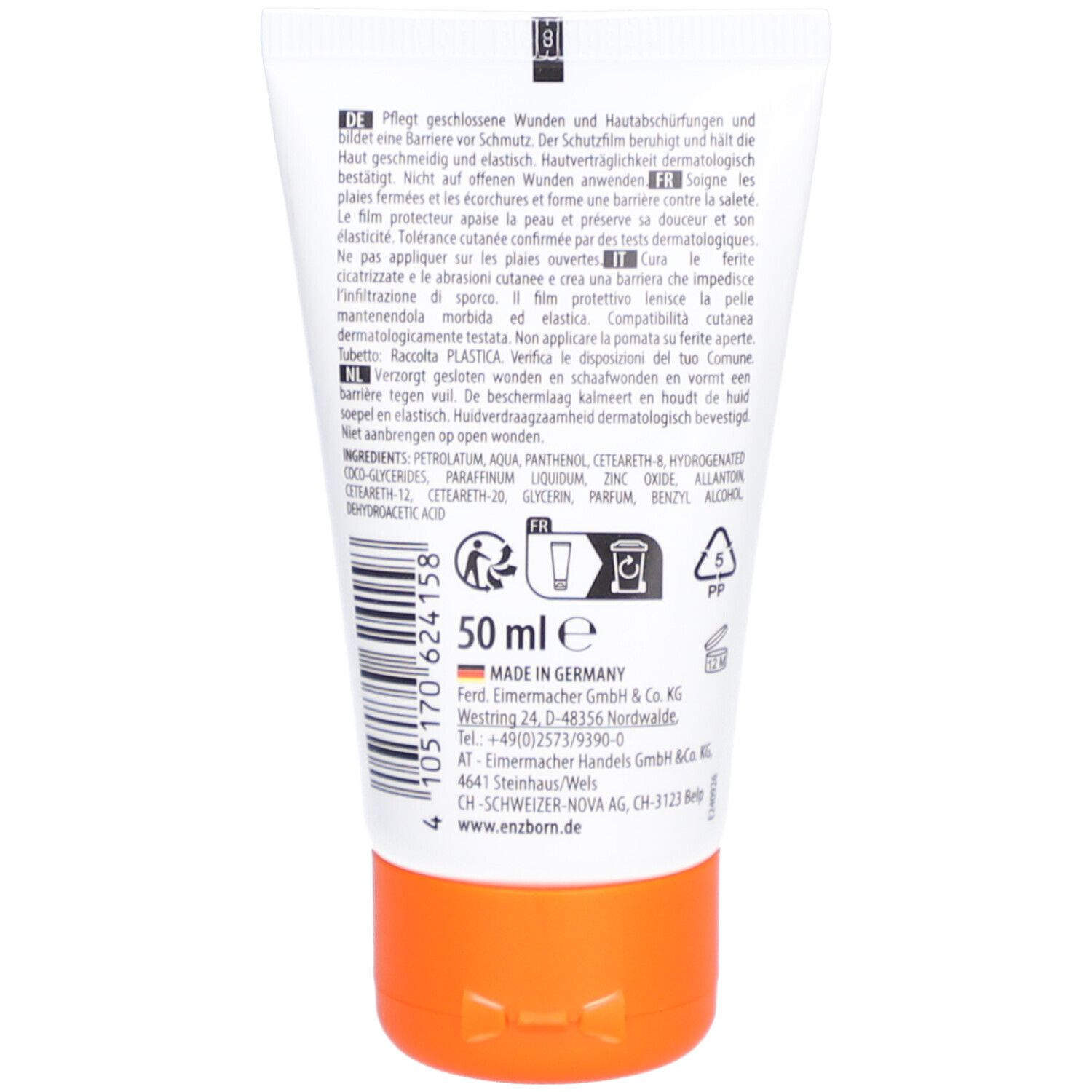 Achterkant van de ENZBORN Wundersalbe tube. Tekst in het Duits, Frans, Italiaans, Nederlands. Bevat 50 ml.