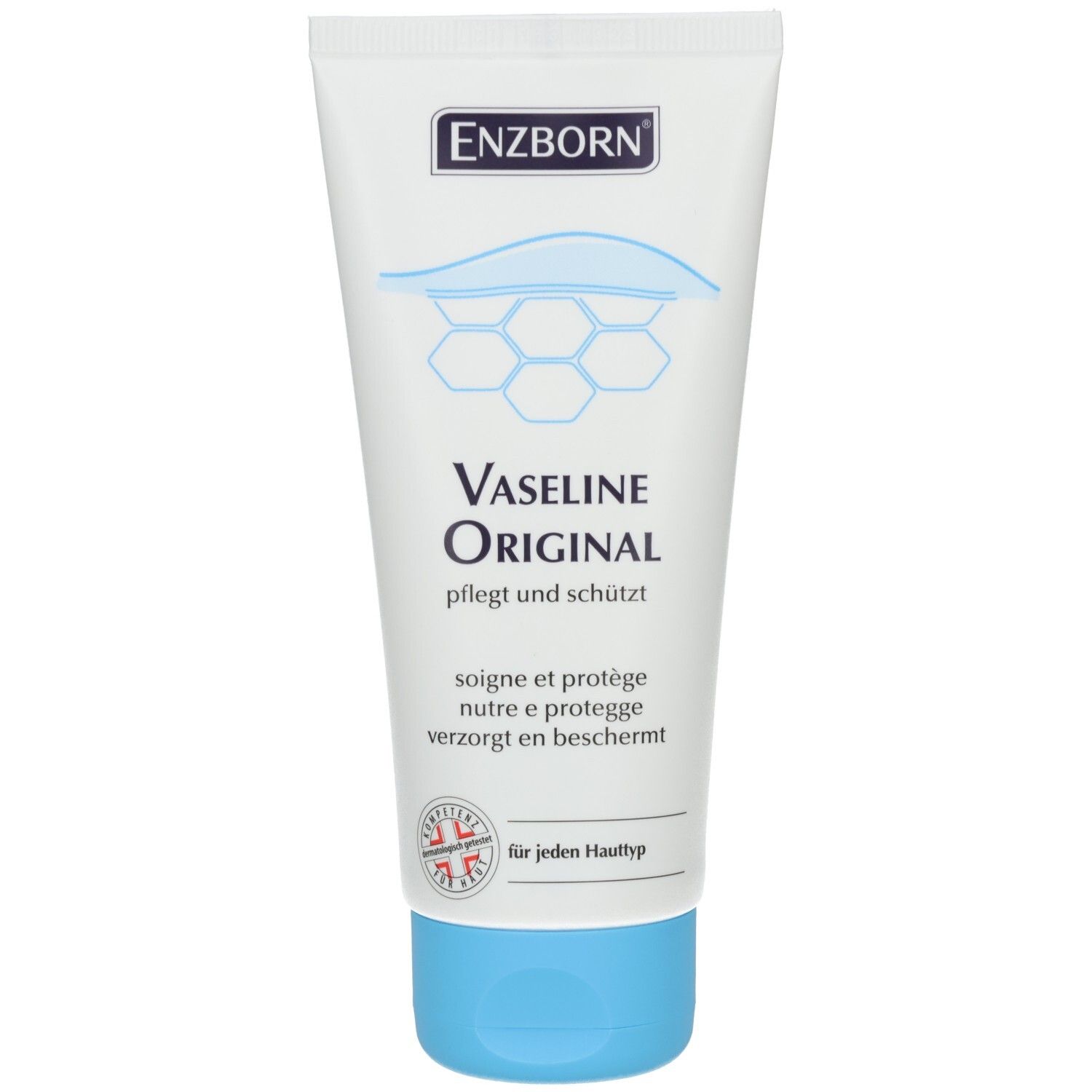 Tube de Vaseline Original ENZBORN. Blanc, bouchon bleu. Inscription : Vaseline Original, protection universelle de la peau.