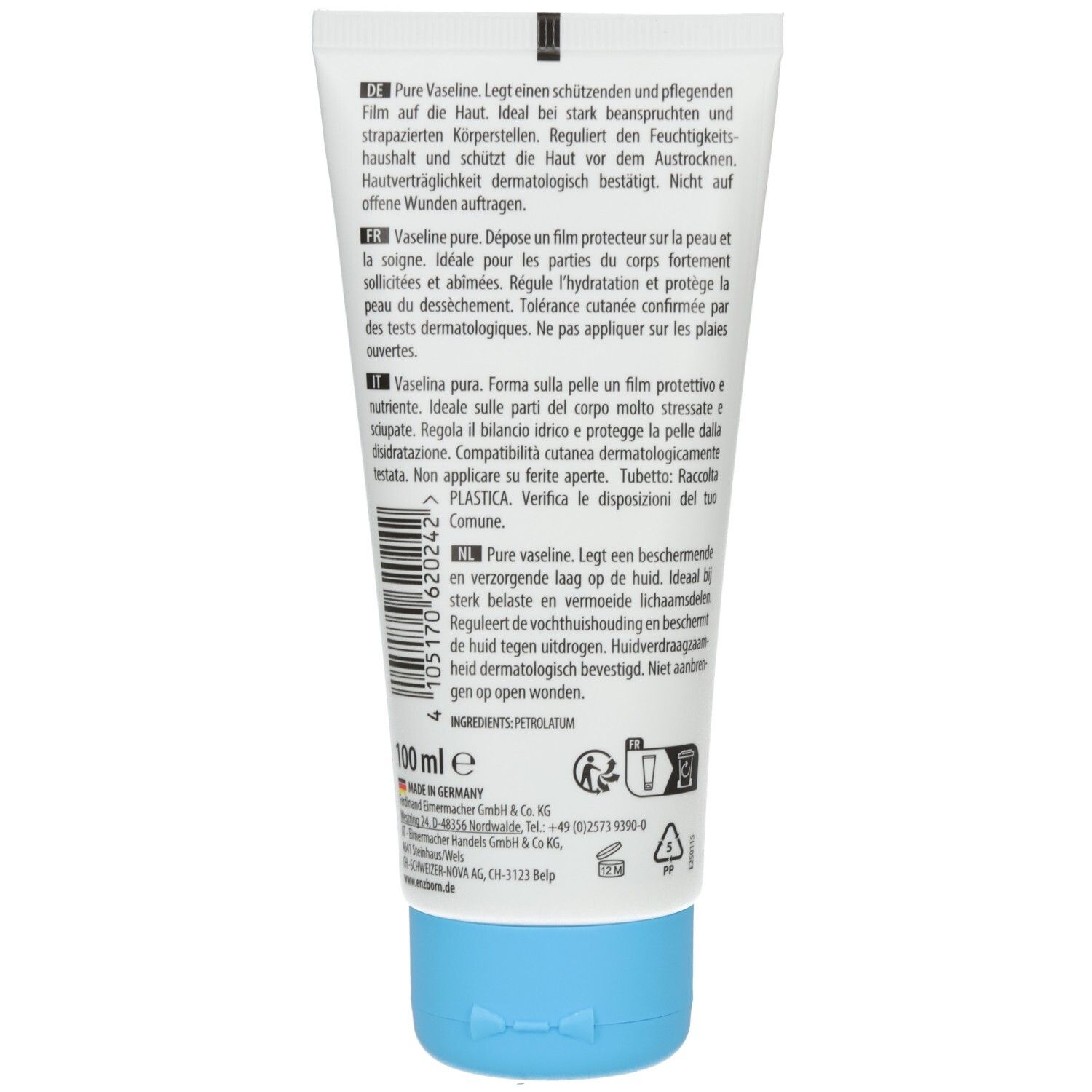 Dos du tube de Vaseline Original ENZBORN. Texte, code-barres, ingrédients, 100 ml. Bouchon bleu.