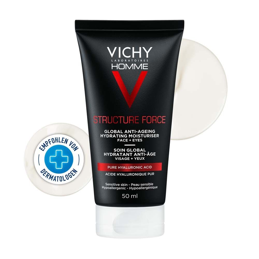 Zwarte tube VICHY Homme. Structure Force, anti-aging hydraterend. Bevat 50 ml. Aanbevolen door dermatologen.
