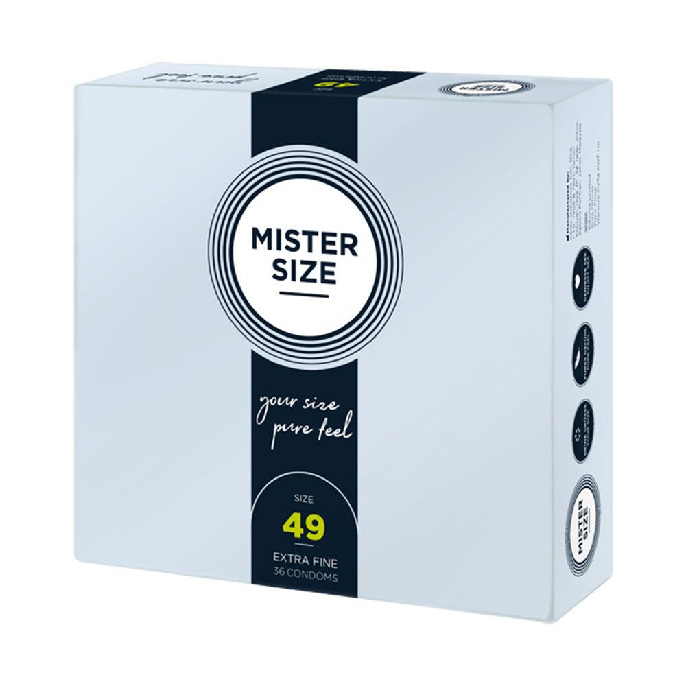 Pack de préservatifs MISTER SIZE 49, 36 unités, Extra Fine, emballage bleu clair.