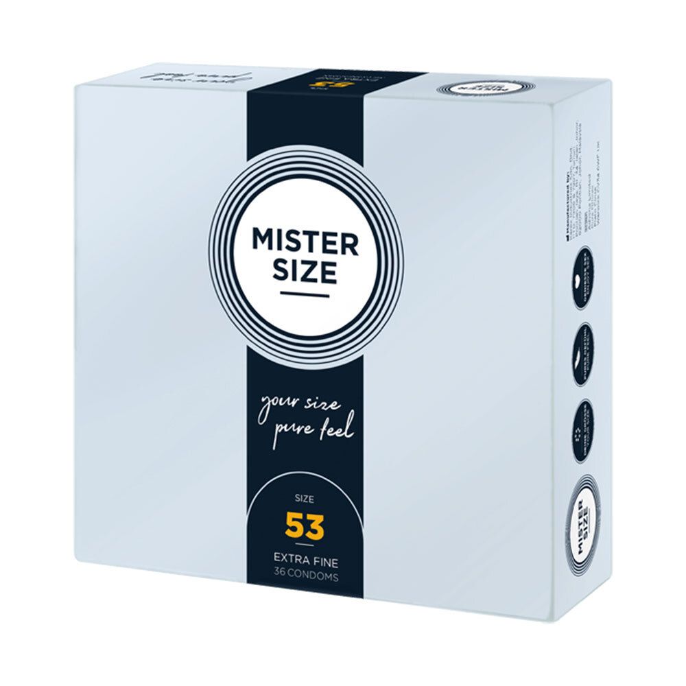 MISTER SIZE 53 verpakking. Witte doos met blauwe streep en logo. Maat 53, extra fijn, 36 condooms. Zijaanzicht.