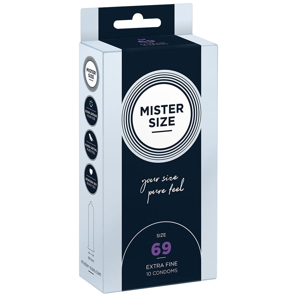 Boîte de préservatifs MISTER SIZE 69. Emballage noir et blanc avec nom et taille du produit. 10 préservatifs, extra fins.