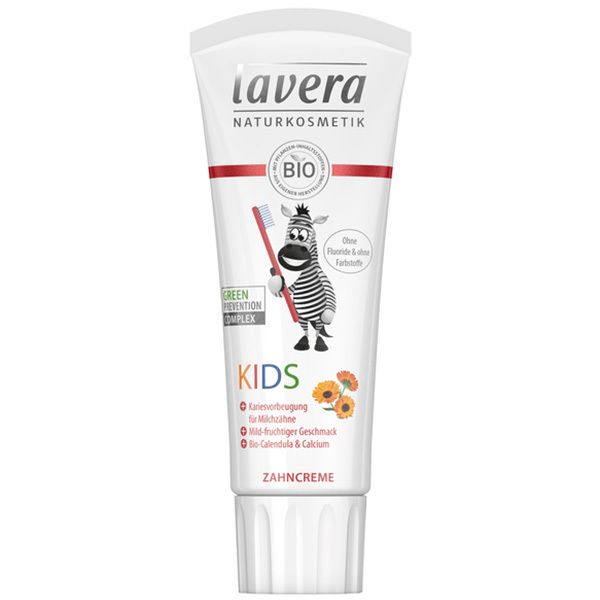 Tube de dentifrice Lavera Kids avec motif zèbre et inscription "Sans fluorures ni colorants".
