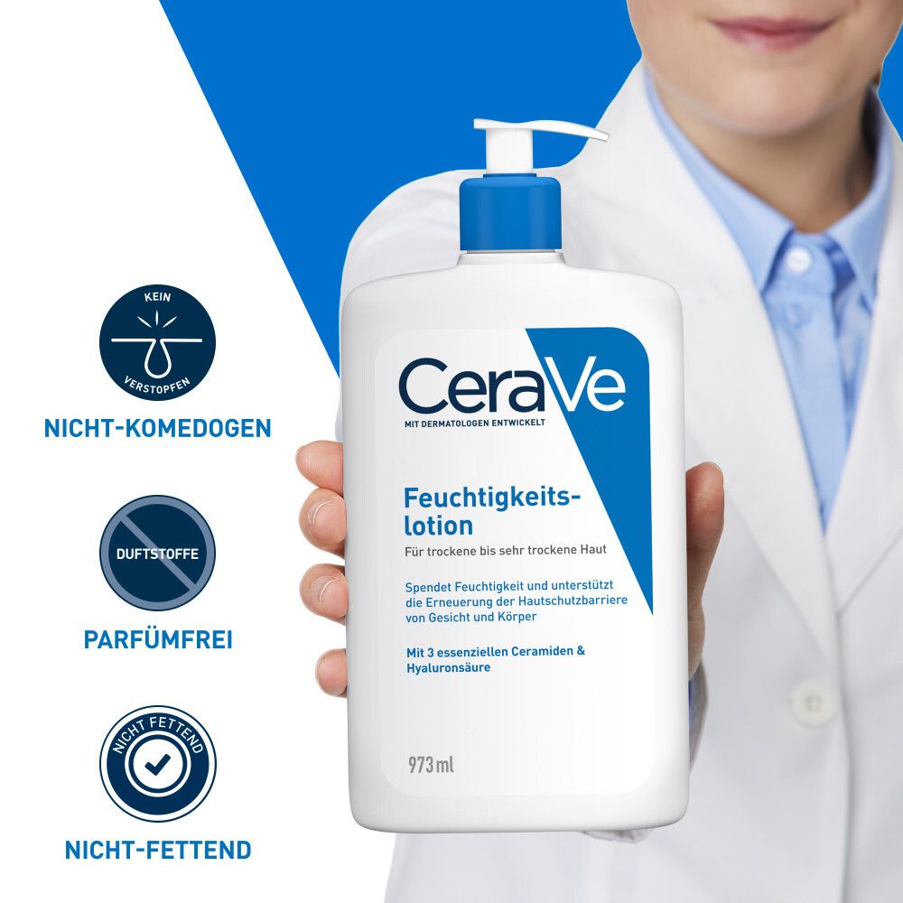 CeraVe Moisturizing Lotion, 1L fles. Niet-comedogeen, parfumvrij, niet vet. Vastgehouden door persoon.